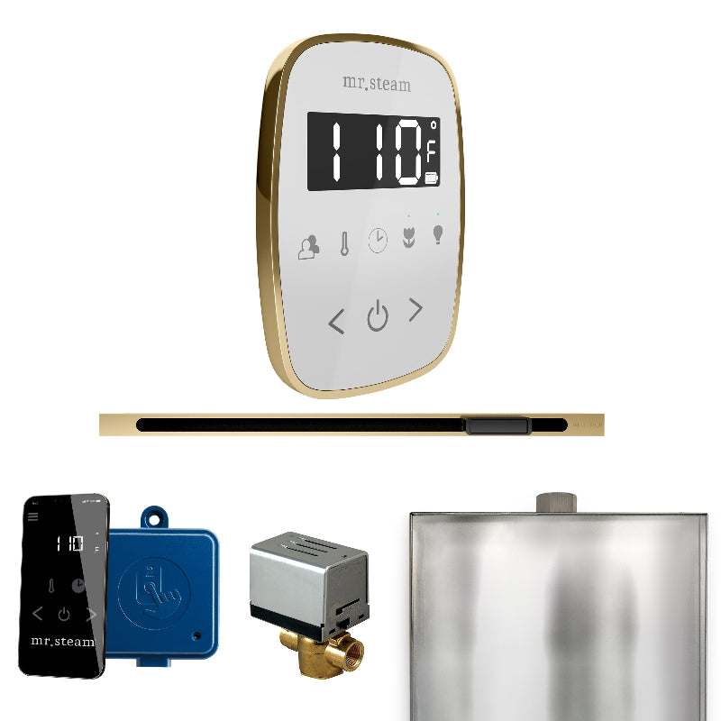 Mr Steam ButlerFlex Steam Shower Control Package with White TempoFlex Control and Satin Brass Linear Steamhead