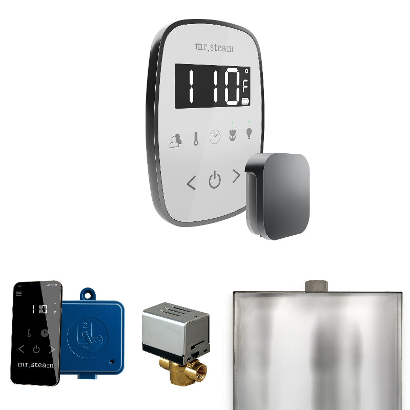Mr Steam ButlerFlex Steam Shower Control Package with White TempoFlex Control and Satin Steel Aromasteam Steamhead