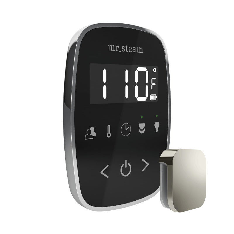 Mr Steam Corner View of TempoFlex Wireless Steam Shower Control with Aroma Steamhead