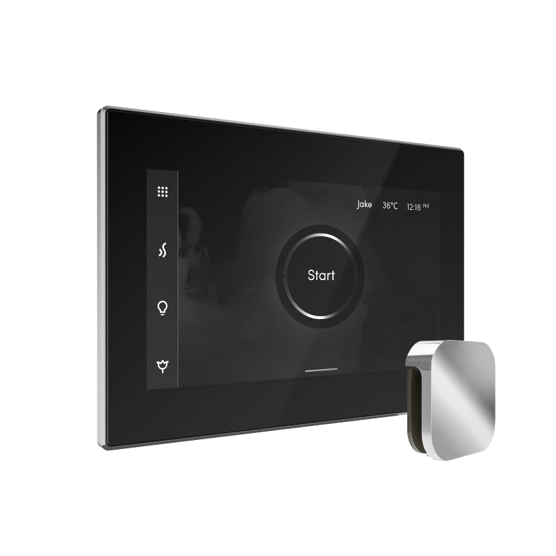 Mr Steam Front and Side View of iSteamX Steam Shower Control with Aroma Steamhead 