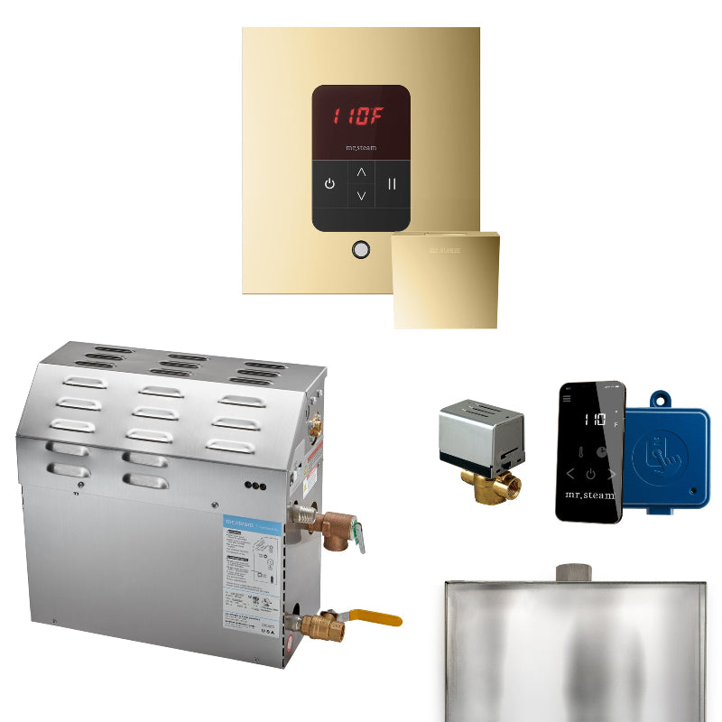 Mr Steam MS 12 kW Steam Shower Generator Package with Square Polished Brass iTempo Control and Accessories