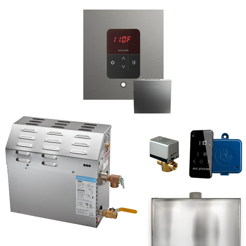 Mr Steam MS 7.5 kW Steam Shower Generator Package with Square Satin Steel iTempo Control and Accessories