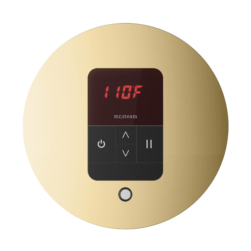 Mr Steam Round iTempo Steam Shower Control with Aroma Designer Steamhead in Polished Brass