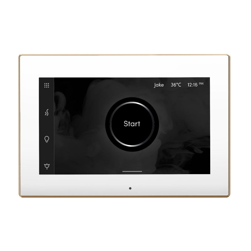 Mr Steam White iSteamX Steam Shower Control with Polished Gold Aroma Steamhead