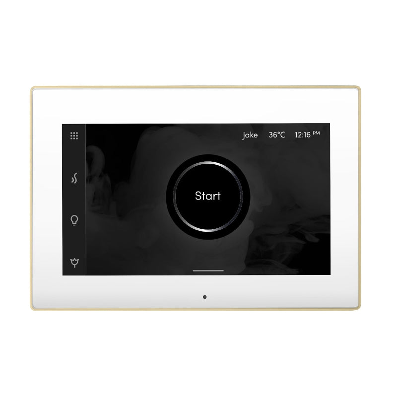 Mr Steam White iSteamX Steam Shower Control with Satin Brass Aroma Steamhead