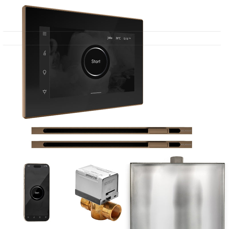 Mr Steam XButler Max Steam Shower Control Package with Black iSteamX Control and Nouveau Bronze Linear Steamhead