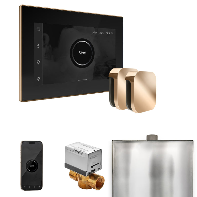 Mr Steam XButler Max Steam Shower Control Package with Black iSteamX Control and Polished Gold Aromasteam Steamhead