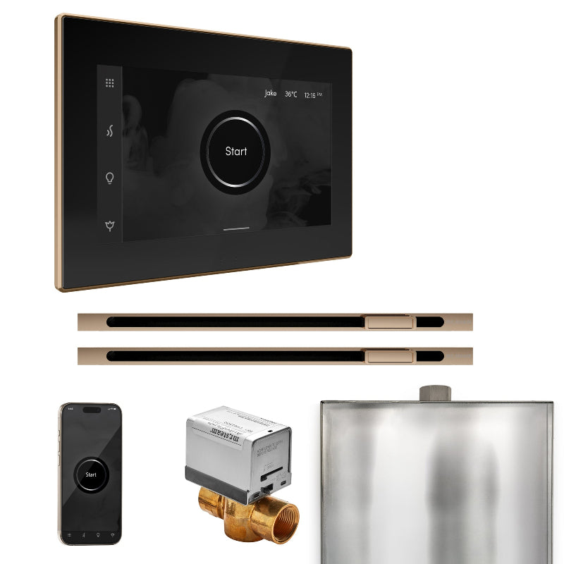 Mr Steam XButler Max Steam Shower Control Package with Black iSteamX Control and Polished Gold Linear Steamhead