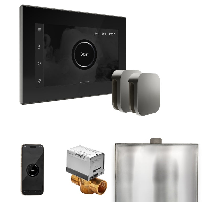 Mr Steam XButler Max Steam Shower Control Package with Black iSteamX Control and Satin Steel Aromasteam Steamhead