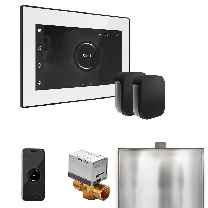 Mr Steam XButler Max Steam Shower Control Package with White iSteamX Control and Matte Black Aromasteam Steamhead
