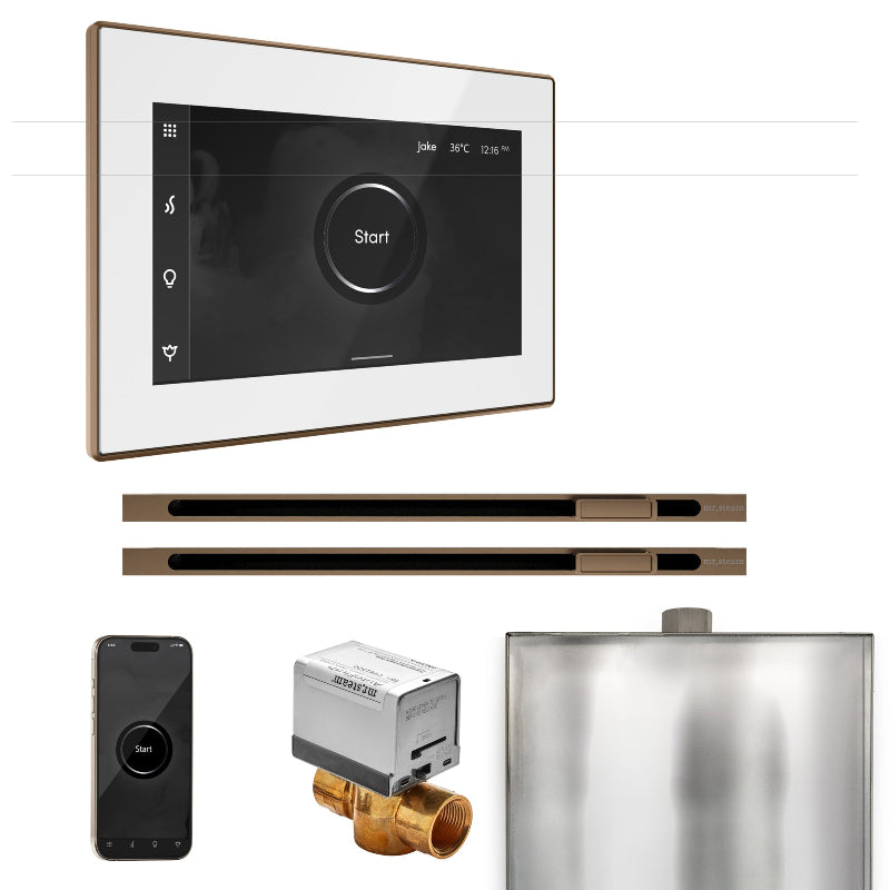 Mr Steam XButler Max Steam Shower Control Package with White iSteamX Control and Nouveau Bronze Linear Steamhead