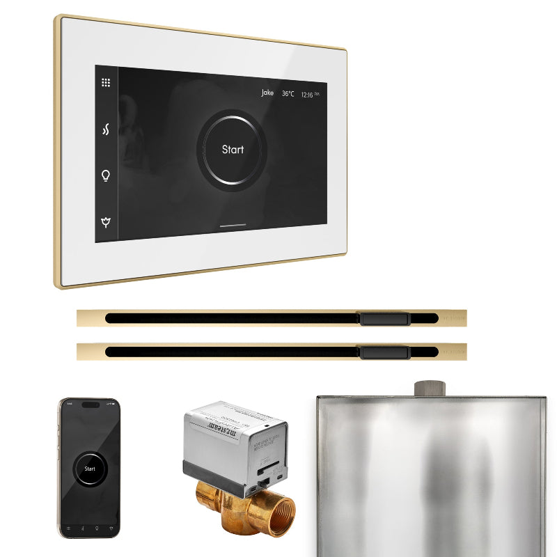 Mr Steam XButler Max Steam Shower Control Package with White iSteamX Control and Polished Brass Linear Steamhead