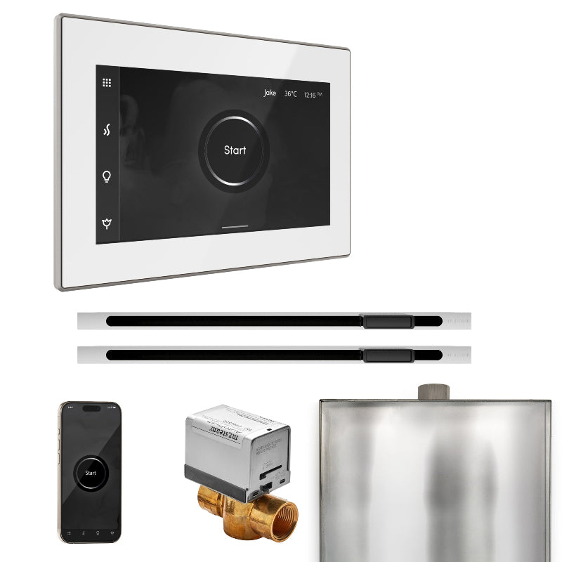 Mr Steam XButler Max Steam Shower Control Package with White iSteamX Control and Polished Chrome Linear Steamhead