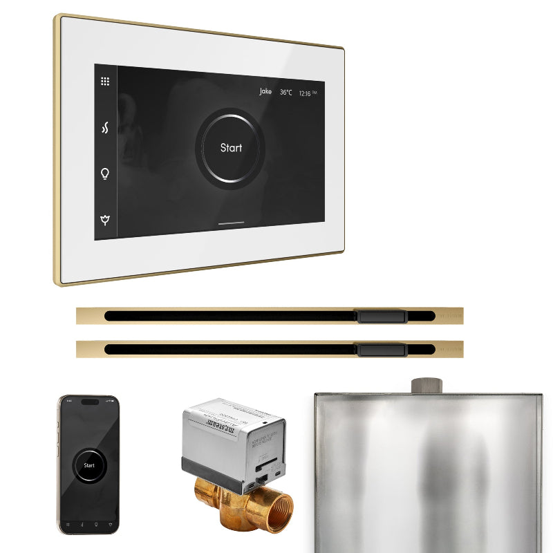 Mr Steam XButler Max Steam Shower Control Package with White iSteamX Control and Satin Brass Linear Steamhead