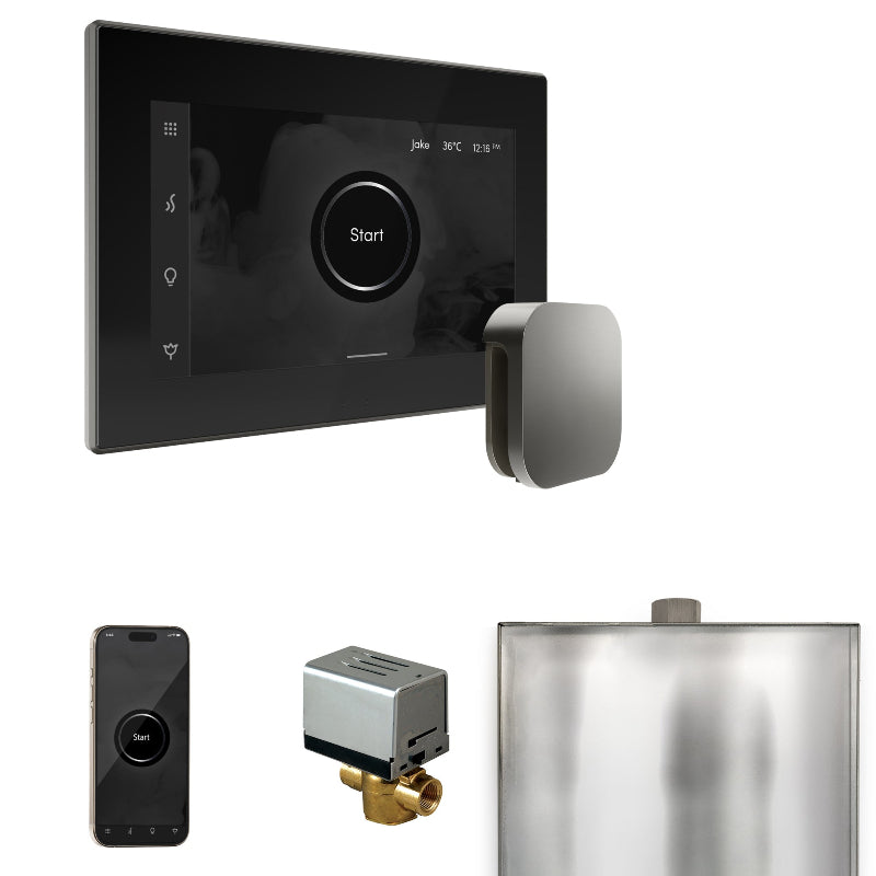 Mr Steam XButler Steam Shower Control Package with Black iSteamX Control and Satin Steel Aromasteam Steamhead