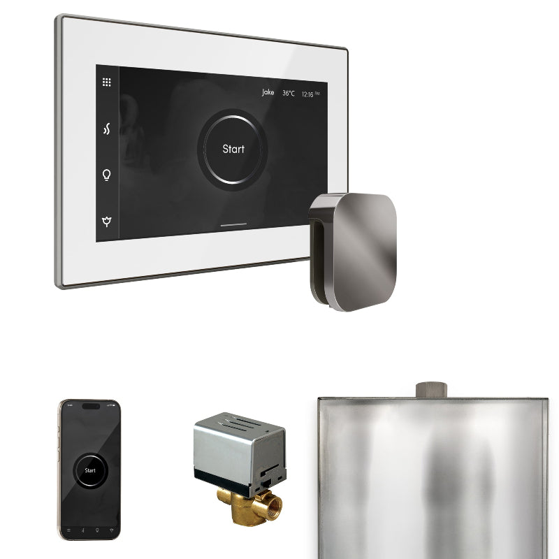 Mr Steam XButler Steam Shower Control Package with White iSteamX Control and Brilliant Black Aromasteam Steamhead