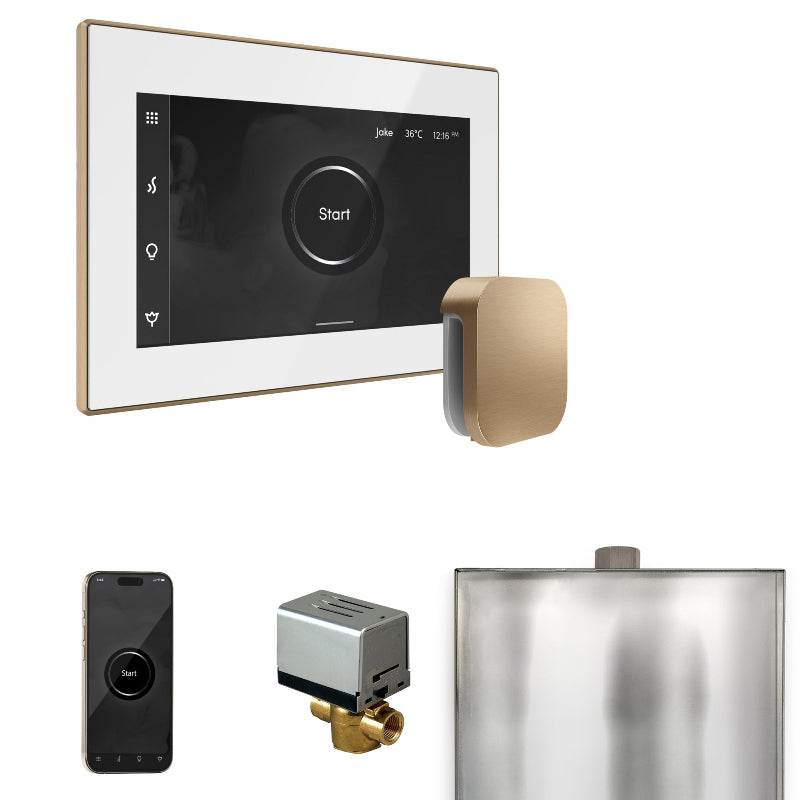 Mr Steam XButler Steam Shower Control Package with White iSteamX Control and Brushed Bronze Aromasteam Steamhead