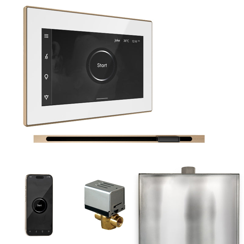 Mr Steam XButler Steam Shower Control Package with White iSteamX Control and Brushed Bronze Linear Steamhead
