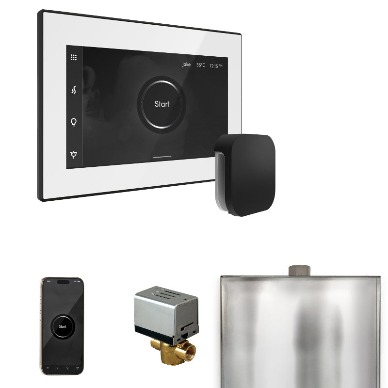 Mr Steam XButler Steam Shower Control Package with White iSteamX Control and Matte Black Aromasteam Steamhead