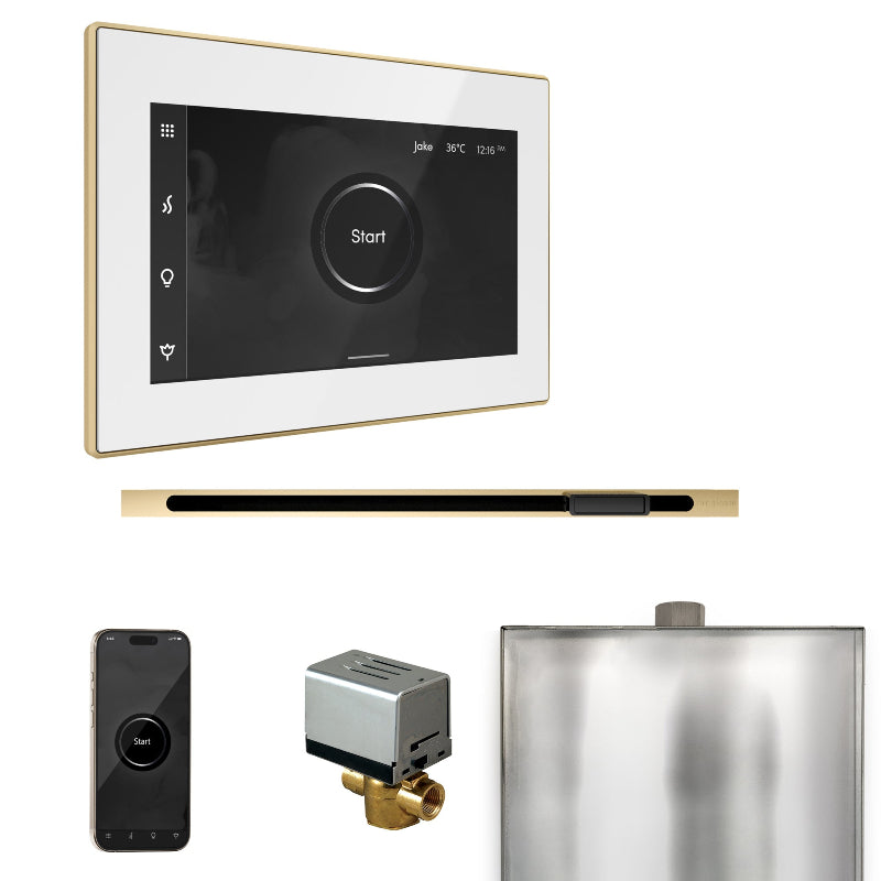 Mr Steam XButler Steam Shower Control Package with White iSteamX Control and Polished Brass Linear Steamhead