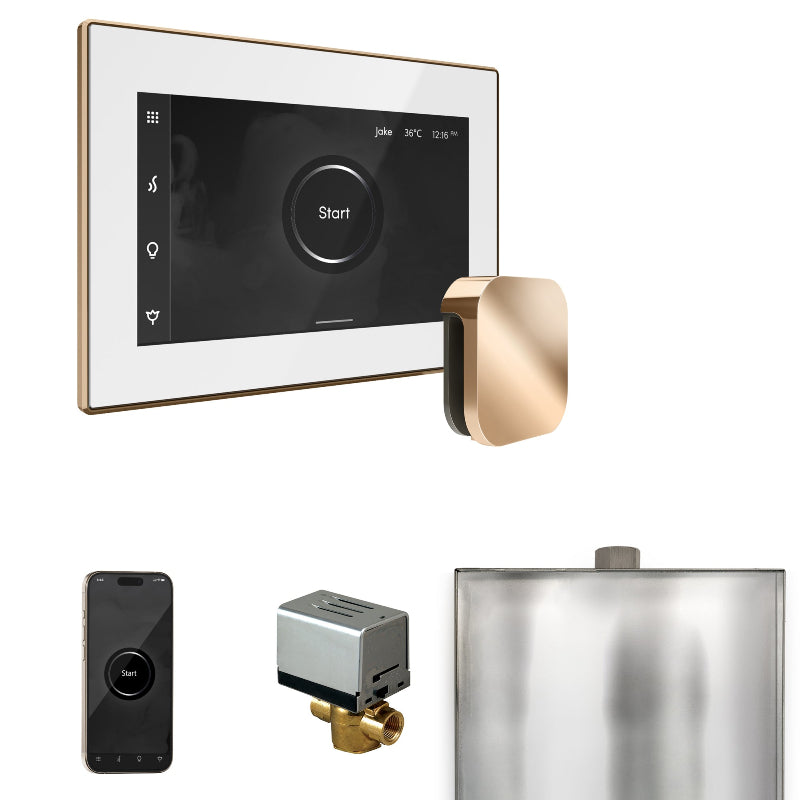 Mr Steam XButler Steam Shower Control Package with White iSteamX Control and Polished Gold Aromasteam Steamhead