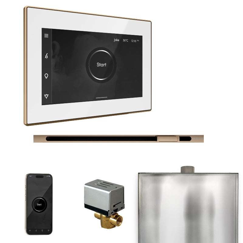 Mr Steam XButler Steam Shower Control Package with White iSteamX Control and Polished Gold Linear Steamhead