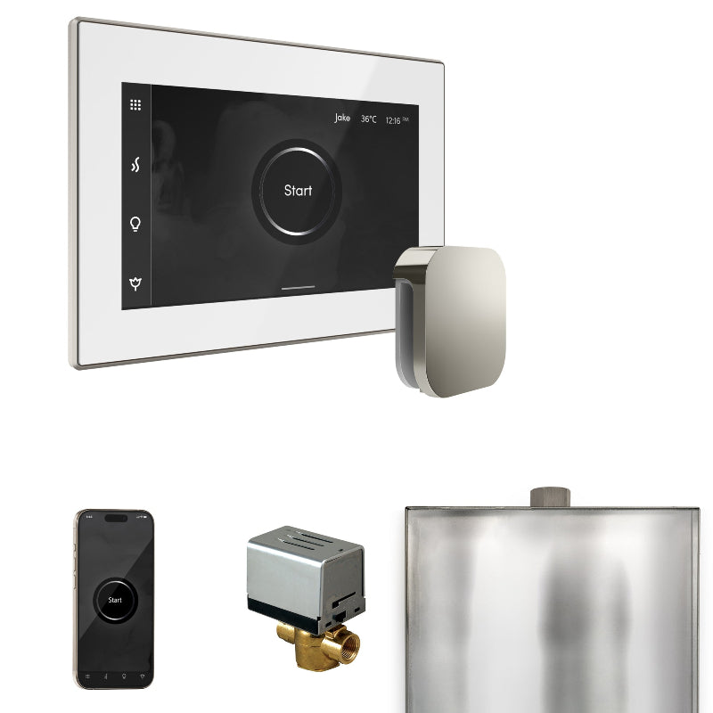 Mr Steam XButler Steam Shower Control Package with White iSteamX Control and Polished Nickel Aromasteam Steamhead