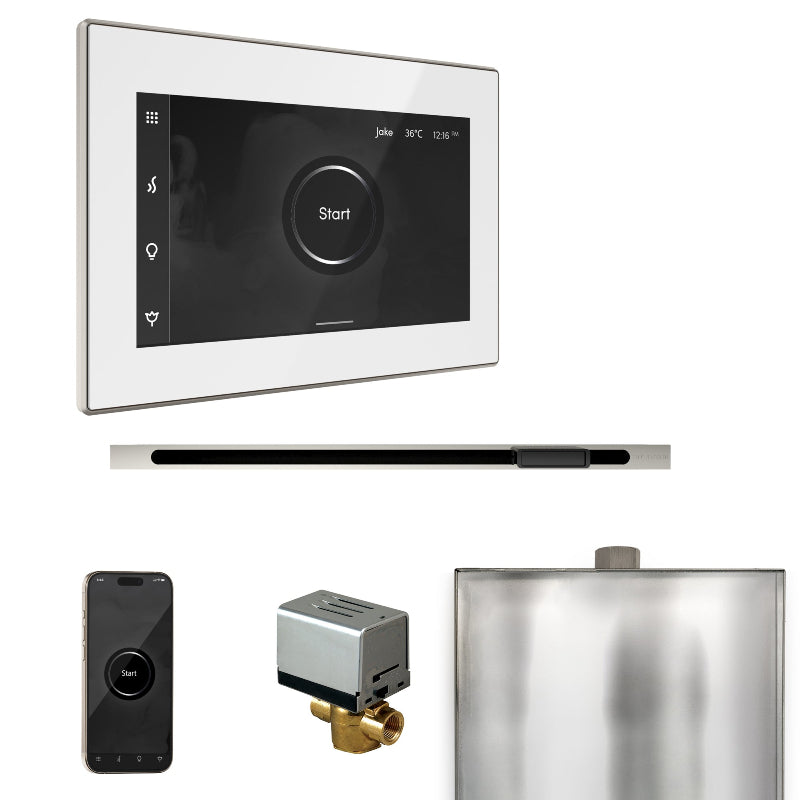 Mr Steam XButler Steam Shower Control Package with White iSteamX Control and Polished Nickel Linear Steamhead