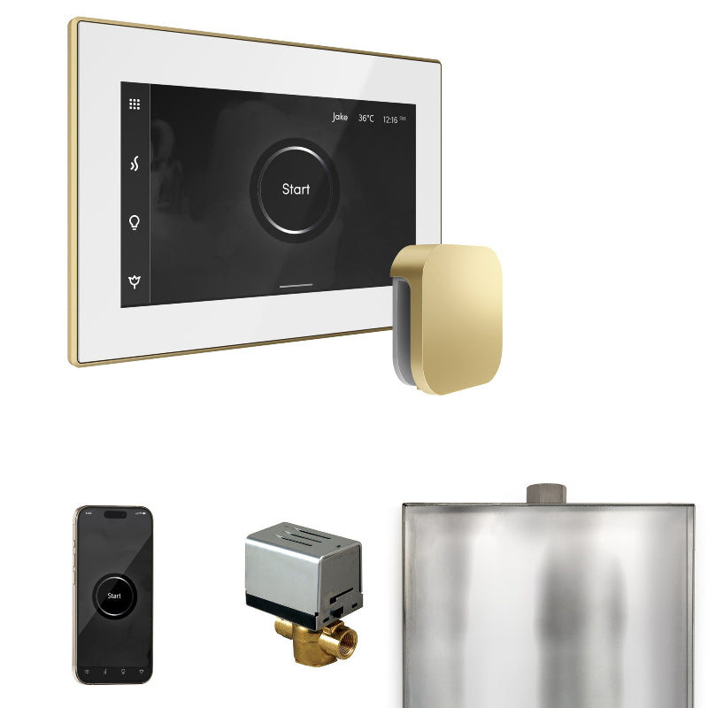 Mr Steam XButler Steam Shower Control Package with White iSteamX Control and Satin Brass Aromasteam Steamhead