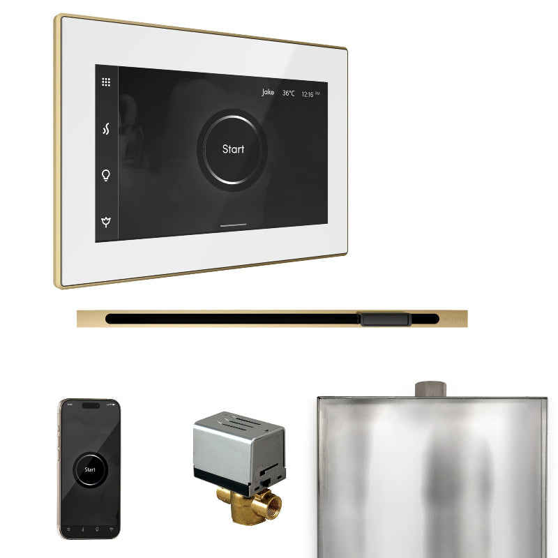 Mr Steam XButler Steam Shower Control Package with White iSteamX Control and Satin Brass Linear Steamhead