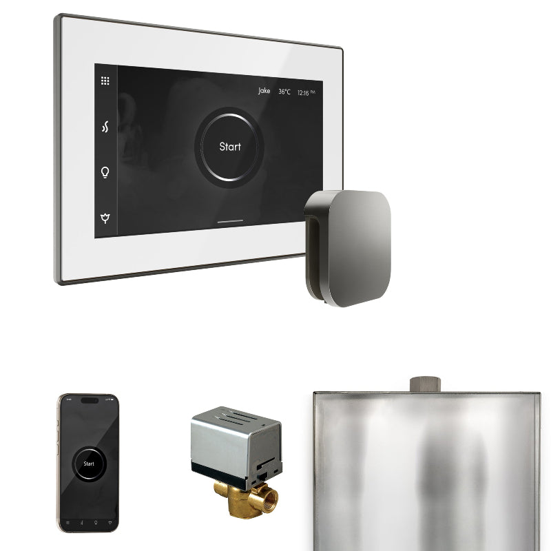 Mr Steam XButler Steam Shower Control Package with White iSteamX Control and Satin Steel Aromasteam Steamhead
