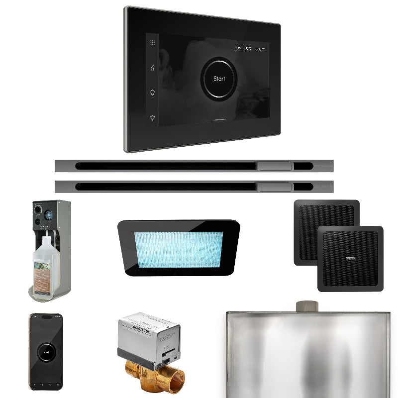 Mr Steam XDream Max Steam Shower Control Package with Black iSteamX Control and Brilliant Black Linear Steamhead