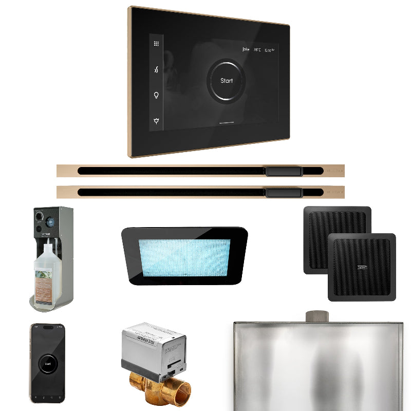 Mr Steam XDream Max Steam Shower Control Package with Black iSteamX Control and Brushed Bronze Linear Steamhead