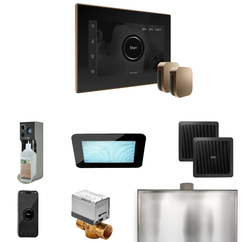 Mr Steam XDream Max Steam Shower Control Package with Black iSteamX Control and Nouveau Bronze Aromasteam Steamhead
