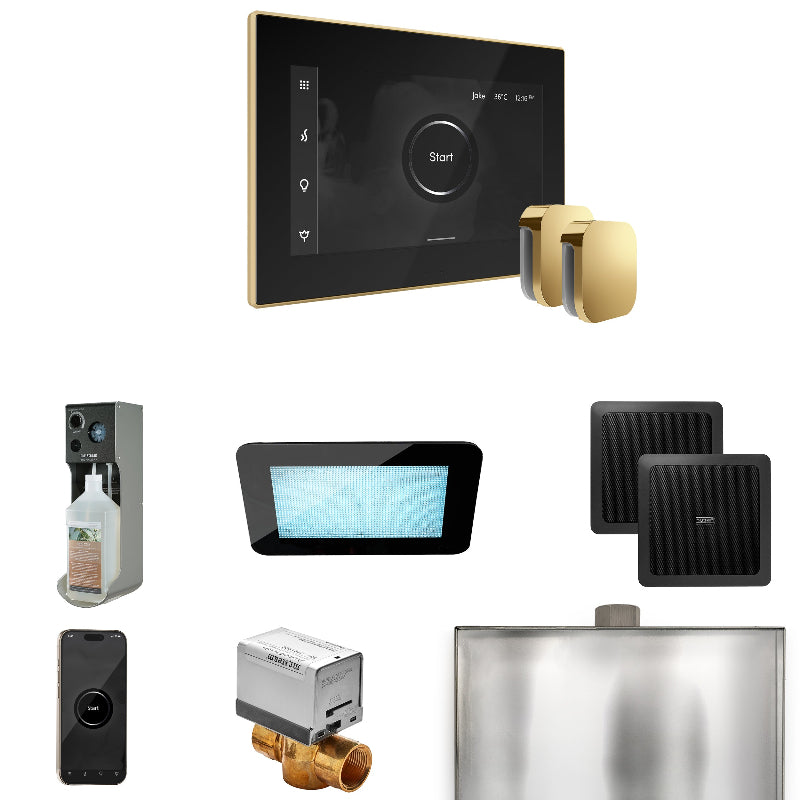 Mr Steam XDream Max Steam Shower Control Package with Black iSteamX Control and Polished Brass Aromasteam Steamhead