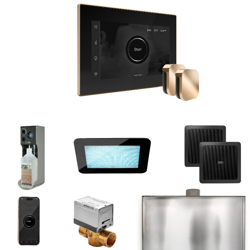 Mr Steam XDream Max Steam Shower Control Package with Black iSteamX Control and Polished Gold Aromasteam Steamhead