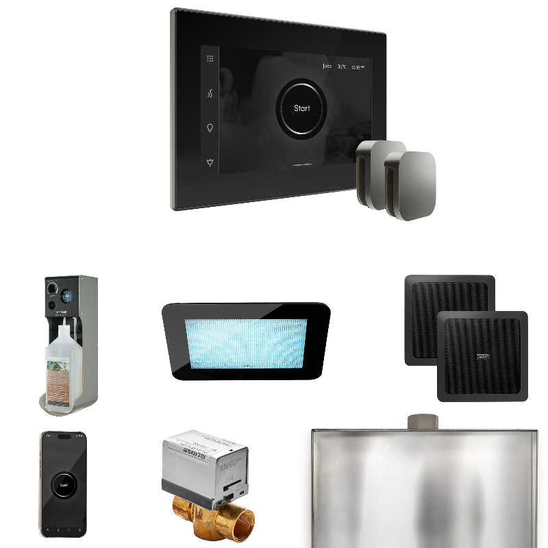 Mr Steam XDream Max Steam Shower Control Package with Black iSteamX Control and Satin Steel Aromasteam Steamhead