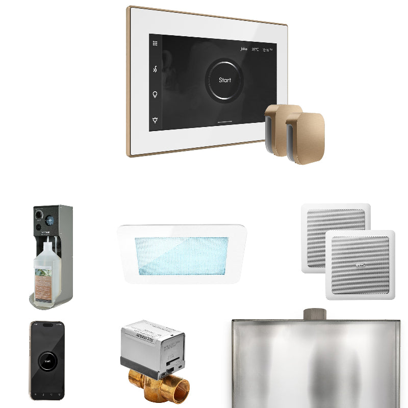 Mr Steam XDream Max Steam Shower Control Package with White iSteamX Control and Brushed Bronze Aromasteam Steamhead