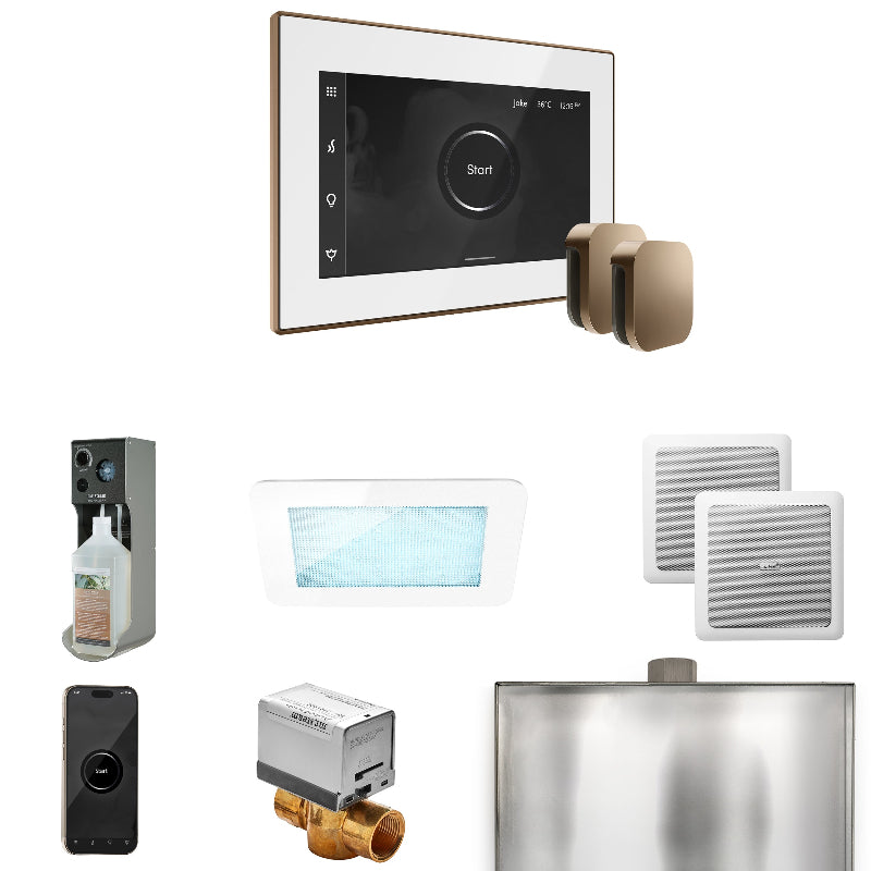 Mr Steam XDream Max Steam Shower Control Package with White iSteamX Control and Nouveau Bronze Aromasteam Steamhead