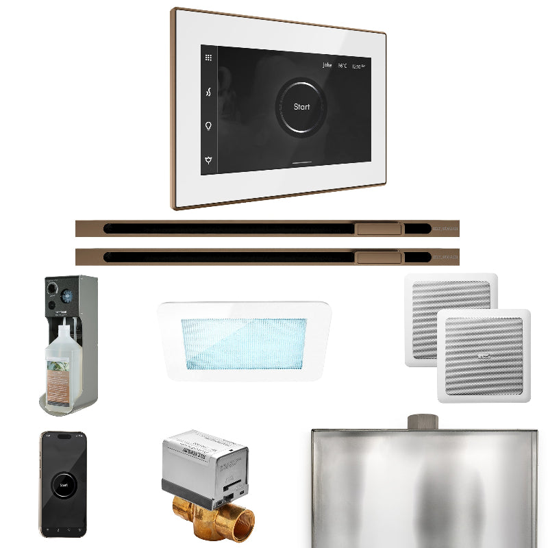Mr Steam XDream Max Steam Shower Control Package with White iSteamX Control and Nouveau Bronze Linear Steamhead