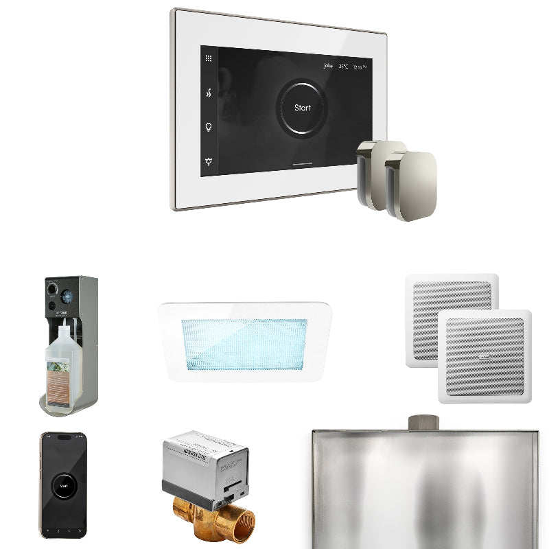 Mr Steam XDream Max Steam Shower Control Package with White iSteamX Control and Polished Nickel Aromasteam Steamhead