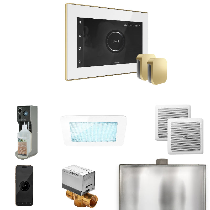 Mr Steam XDream Max Steam Shower Control Package with White iSteamX Control and Satin Brass Aromasteam Steamhead