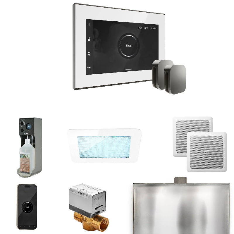 Mr Steam XDream Max Steam Shower Control Package with White iSteamX Control and Satin Steel Aromasteam Steamhead