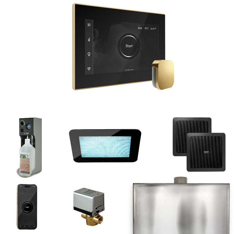 Mr Steam XDream Steam Shower Control Package with Black iSteamX Control and Polished Brass Aromasteam Steamhead