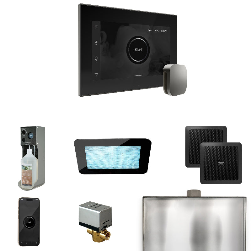Mr Steam XDream Steam Shower Control Package with Black iSteamX Control and Satin Steel Aromasteam Steamhead