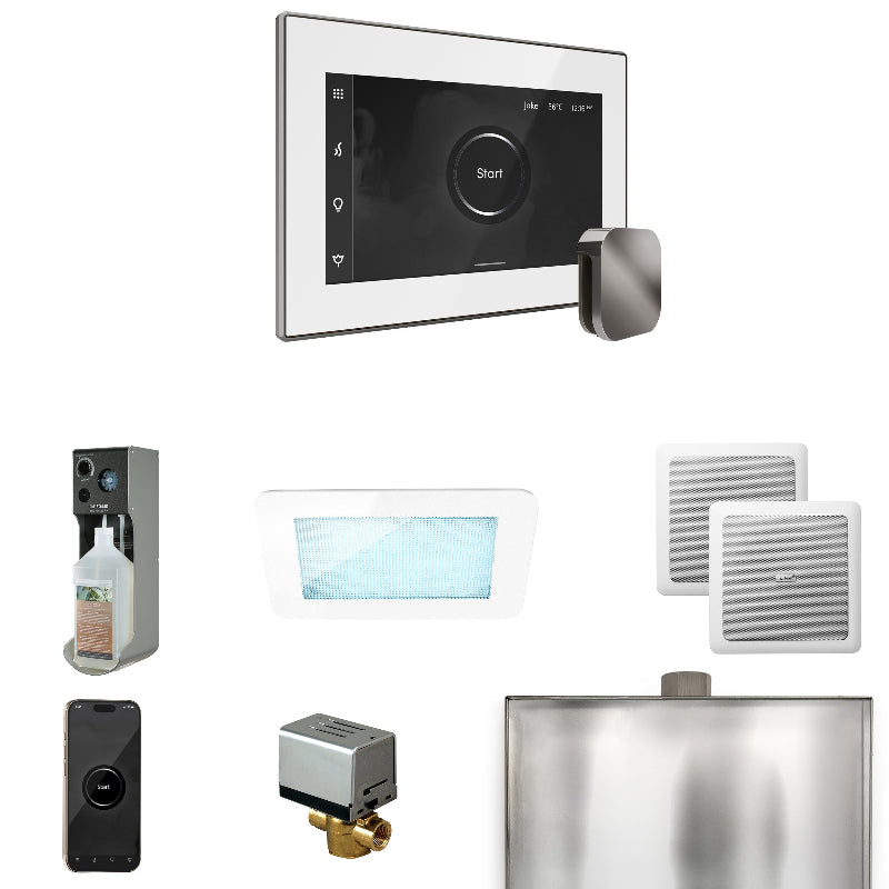 Mr Steam XDream Steam Shower Control Package with White iSteamX Control and Brilliant Black Aromasteam Steamhead