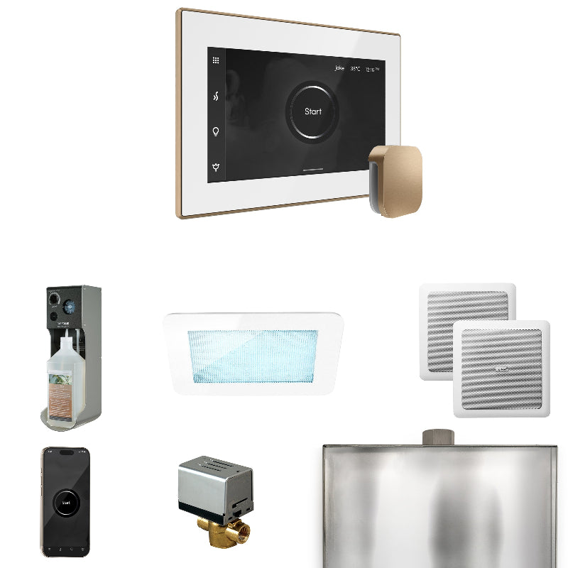 Mr Steam XDream Steam Shower Control Package with White iSteamX Control and Brushed Bronze Aromasteam Steamhead