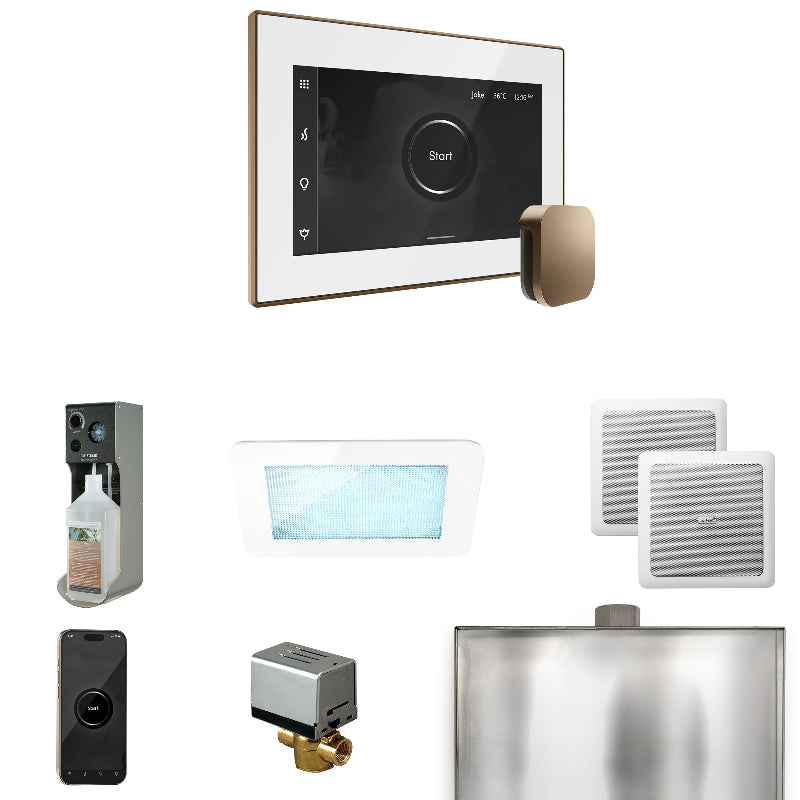 Mr Steam XDream Steam Shower Control Package with White iSteamX Control and Nouveau Bronze Aromasteam Steamhead