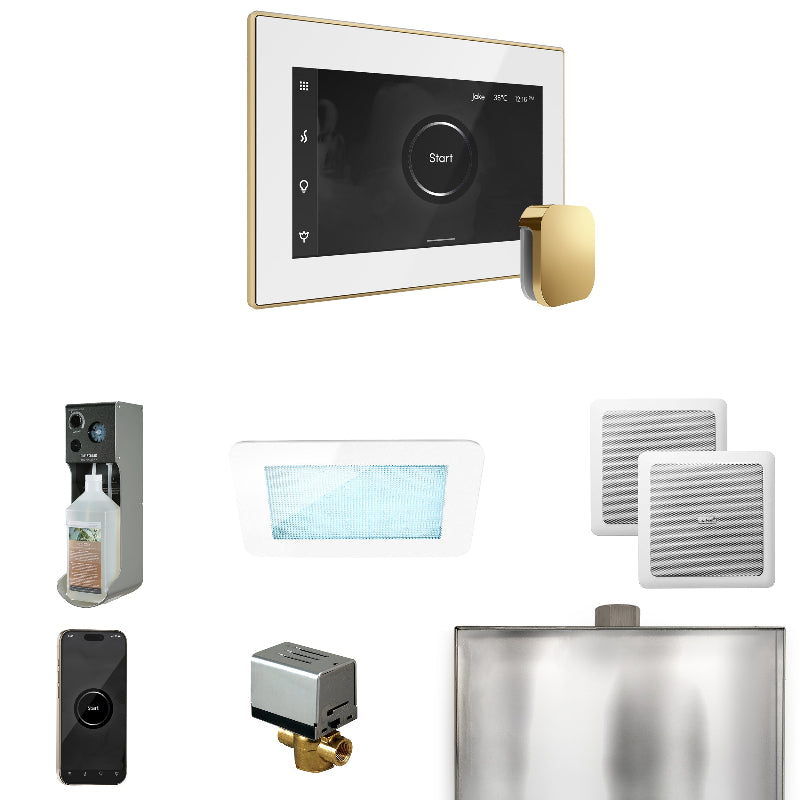 Mr Steam XDream Steam Shower Control Package with White iSteamX Control and Polished Brass Aromasteam Steamhead