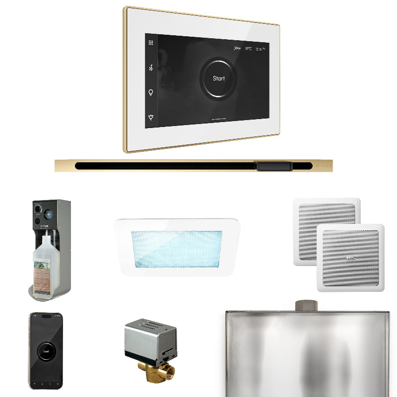 Mr Steam XDream Steam Shower Control Package with White iSteamX Control and Polished Brass Linear Steamhead